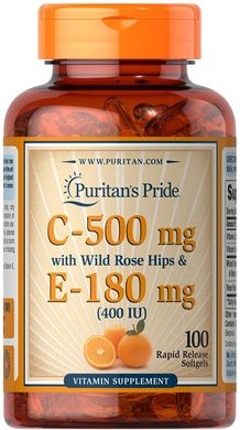 Фотография - Вітамін C-500 та вітамін E-180 Vitamin C & E with Rose Hips Puritan`s Pride 500мг/400 МО 100 капсул