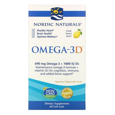 Фотография - Рыбий жир + витамин D3 Omega-3D Nordic Naturals лимон 690 мг + 1000 МЕ 60 капсул