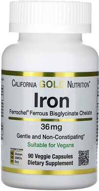 Залізо Iron Ferrochel Ferrous Bisglycinate Chelate California Gold Nutrition 36 мг 90 капсул