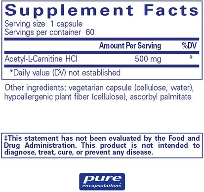 Фотография - Ацетил карнітин Acetyl-l-Carnitine Pure Encapsulations 500 мг 60 капсул