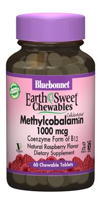 Витамин В12 (метилкобаламин) Methylcobalamin Bluebonnet Nutrition малина 1000 мкг 60 жевательные таблетки