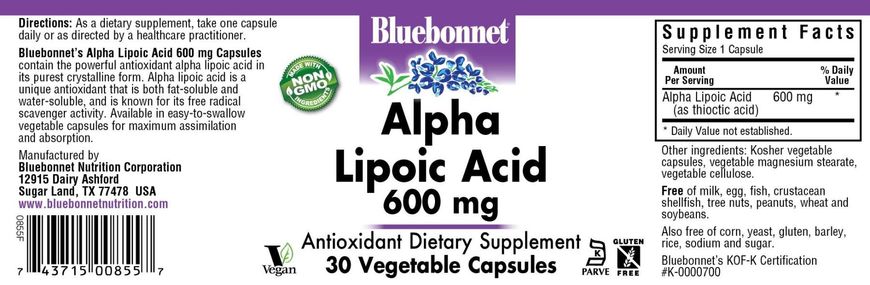 Альфа-ліпоєва кислота Alpha Lipoic Acid Bluebonnet Nutrition 600 мг 30 капсул