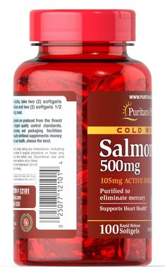 Фотография - Жир лосося Омега-3 Omega-3 Salmon Oil Puritan's Pride 500 мг 105 мг активного омега-3 100 капсул