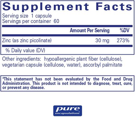 Цинк Zinc Pure Encapsulations 30 мг 60 капсул
