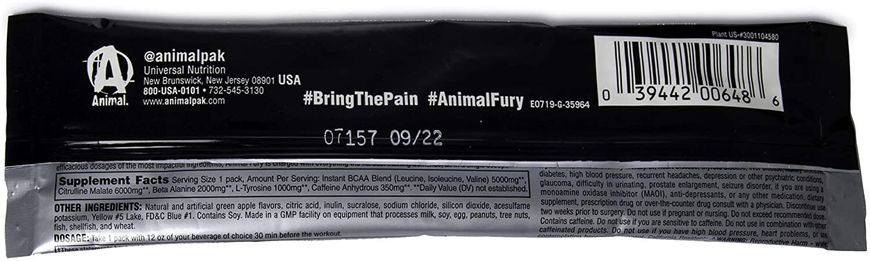 Предтренировочный комплекс Animal Fury Stick Pack Box Animal Nutrition зеленое яблоко 20*16.63г