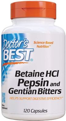 Фотография - Бетаин гидрохлорид + пепсин Betaine HCL Pepsin & Gentian Bitters Pepsin Doctor's Best 120 капсул