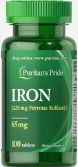 Залізо Iron (Ferrous Sulfate) Puritan's Pride 65 мг 100 таблеток