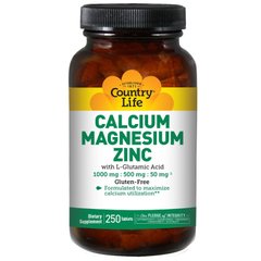 Кальций магний цинк Calcium Magnesium Zinc + L-Glutamic Acid Country Life 250 таблеток