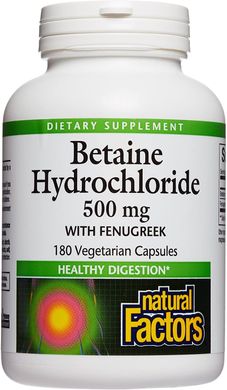 Фотография - Бетаин гидрохлорид и пажитник Betaine Hydrochloride + Fenugreek Natural Factors 500 мг 180 капсул