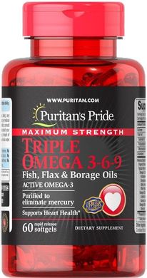 Фотография - Комплекс Maximum Strength Triple Omega 3 6 9 Fish, Flax & Borage Oils Puritan's Pride масло льна и бораго 60 капсул