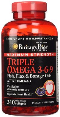 Фотография - Комплекс Омега 3 6 9 Triple Omega 3-6-9 Fish, Flax&Borage Oils Puritan's Pride тройная сила льняное и огуречное масло 240 капсул