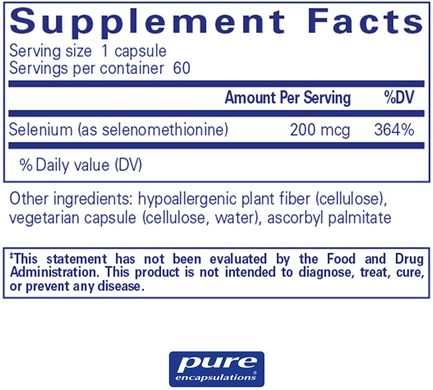 Селен селенометионін Selenium selenomethionine Pure Encapsulations 200 мкг 60 капсул