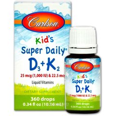 Фотография - Витамин D3 + K2 для детей 25 мкг 1000 МЕ и 22.5 мкг Kids Super Daily D3+K2Carlson Labs 10.16 мл
