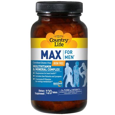 Фотография - Мультивитамины для мужчин без железа Max for Men Iron free Multivitamin & Mineral Country Life без железа 120 таблеток