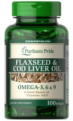 Фотография - Комплекс Омега 3 6 9 Flaxseed & Cod Liver Oil Puritan's Pride 100 гелевых капсул