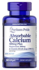 Кальцій плюс магній і вітамін D3 Absorbable Calcium plus Magnesium with Vitamin D3 Puritan's Pride 600 мг / 300 мг / 1000 МО 60 капсул