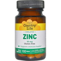 Цинк хелатный Chelated Zinc Country Life 50 мг 100 таблеток