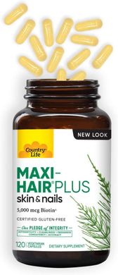 Фотография - Витамины для волос Maxi Hair Plus Country Life 5000 мкг биотина 120 капсул