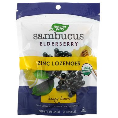 Черная бузина с цинком Sambucus Organic Zinc Lozenges Nature's Way мед лимон 24 конфеты