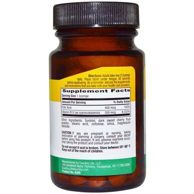 Витамин В12 и фолиевая кислота Vitamin B12 Folic Acid Country Life 500 мкг 100 леденцов