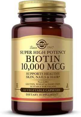 Витамин В7 Биотин Biotin Super High Potency Solgar 10000 мкг 60 капсул