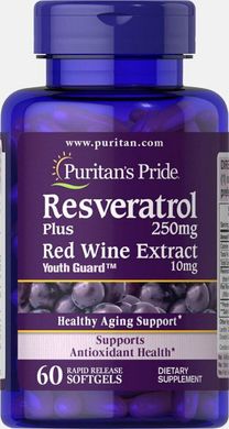 Ресвератрол плюс екстракт червоного вина Resveratrol plus Red Wine Extract Puritan's Pride 250 мг 60 капсул