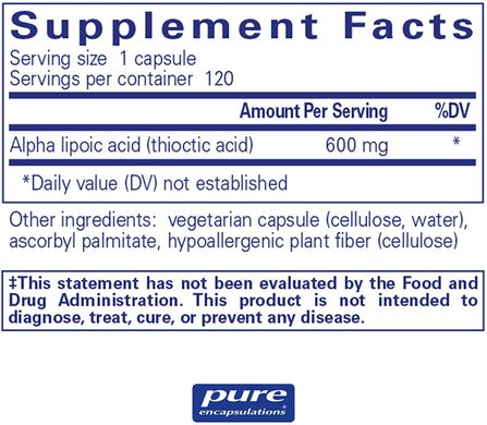 Альфа-липоевая кислота Alpha Lipoic Acid Pure Encapsulations 600 мг 120 капсул